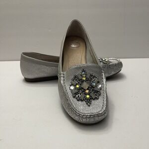 Nurture Reede Silver Beaded Flats Loafers Bling Leather Shiny Womens 8